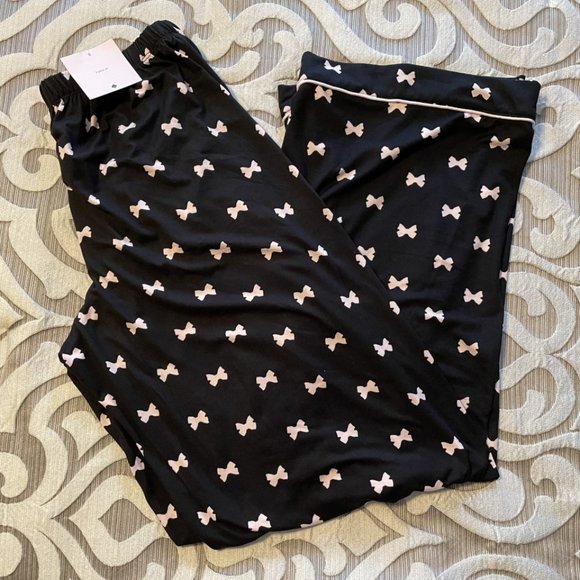 NWT Kate Spade Size Medium Pajama Set Top & Pants Black Pink Bow Print PJs - Picture 3 of 8